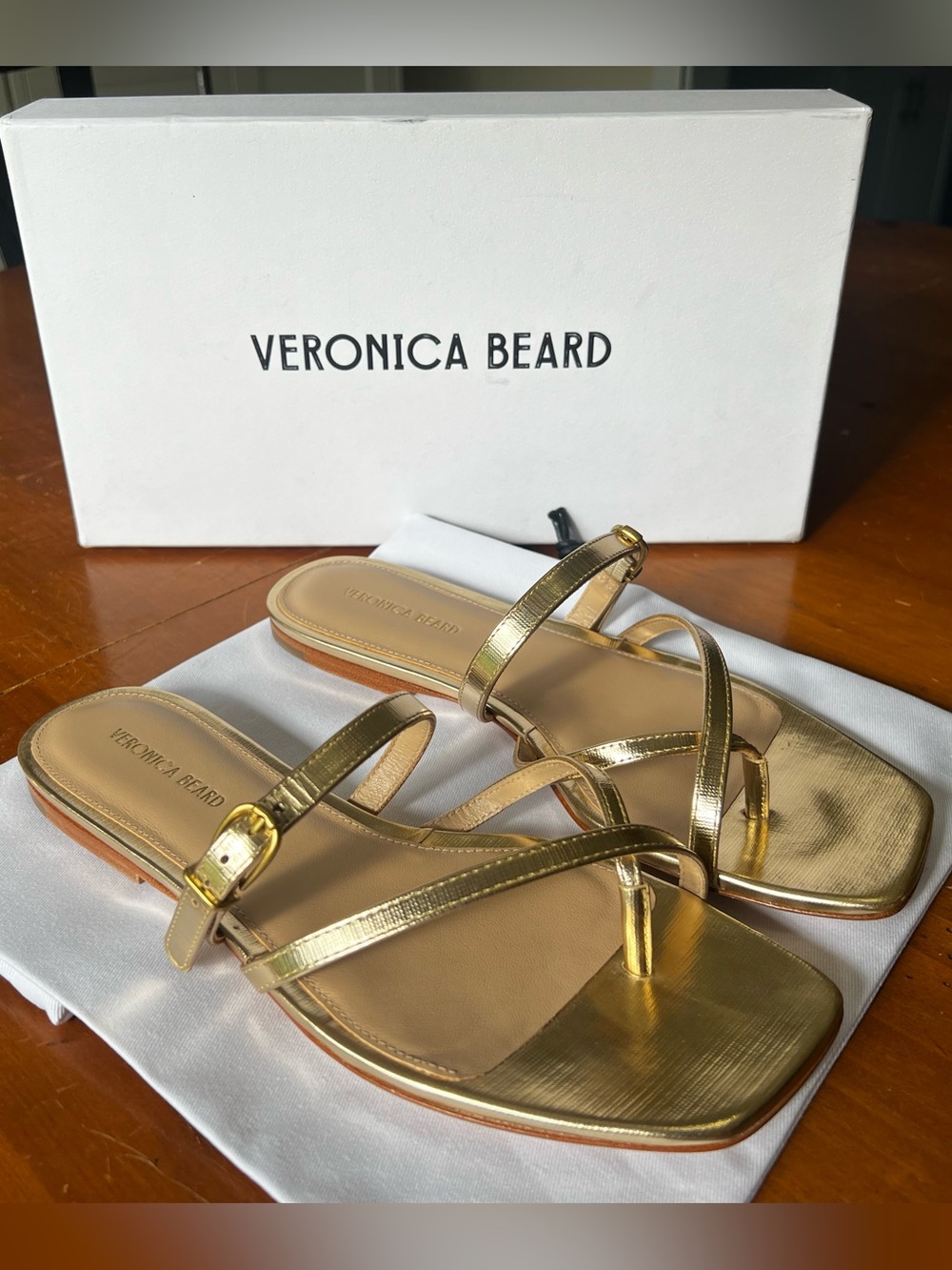 Veronica Beard Metallic Gold Square-Toe Thong Sandals